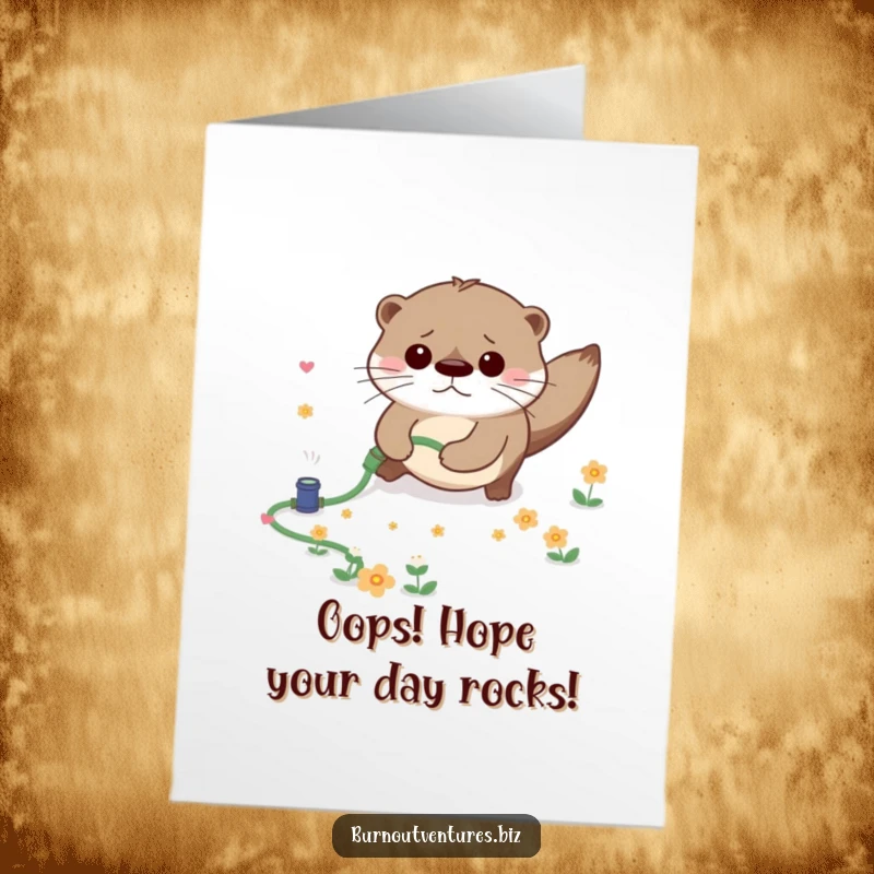 Funny Free Printable Birthday Card: Worried otter trips on hose, scattering flowers, adding a touch of adorable chaos.