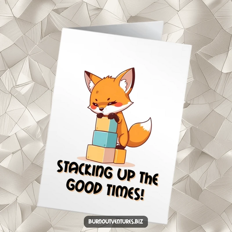 Funny Free Printable Birthday Card: Determined fox precariously balances tiny building blocks, symbolizing effort and fun.