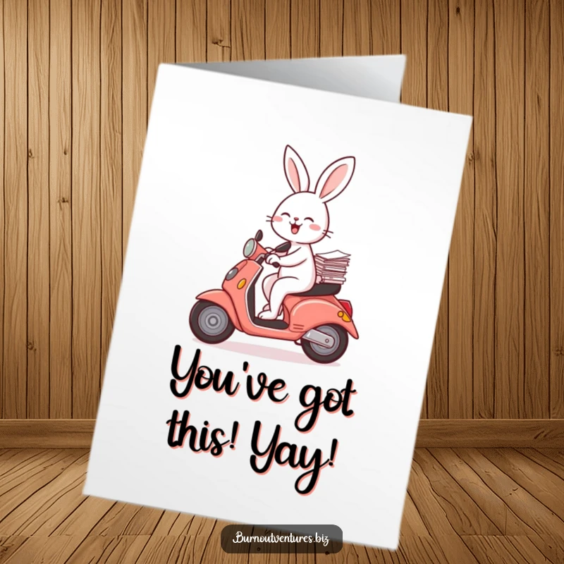 Funny Free Printable Congrats Card: A joyful rabbit balances a small stack of papers while confidently riding a scooter.