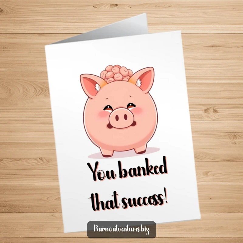 Funny Free Printable Congrats Card: Clever fox cub peeking from a giant piggy bank, ready to celebrate success.