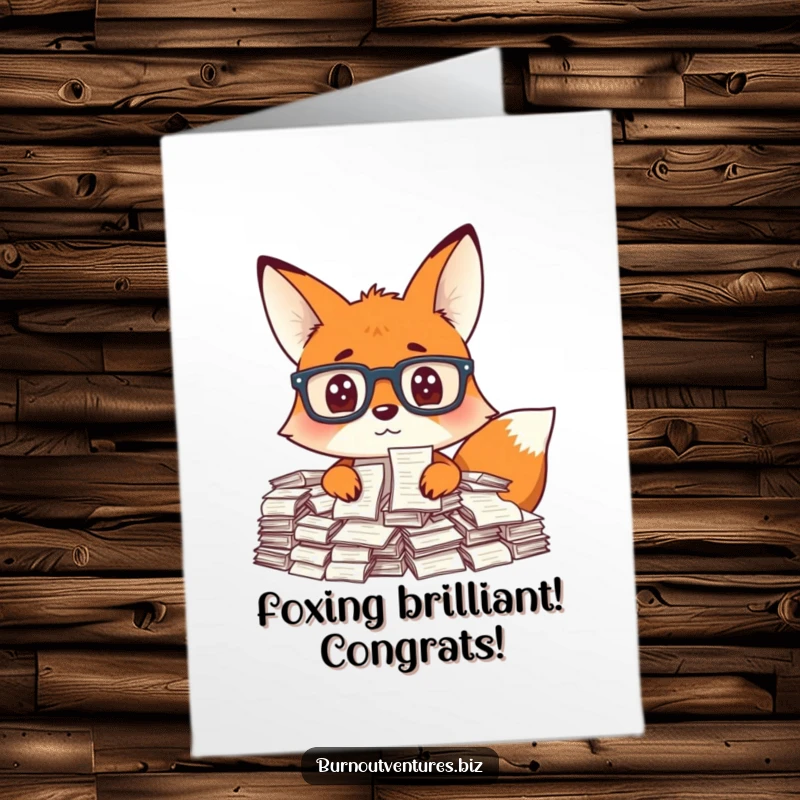 Funny Free Printable Congrats Card: A curious fox with glasses appears overwhelmed by a massive pile of financial receipts.