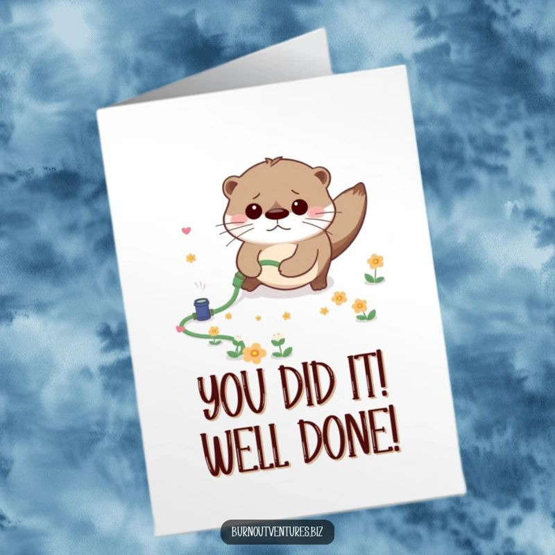 Funny Free Printable Congratulations Card: Worried otter trips, scattering flowers, perfect for celebrating any big or small win.