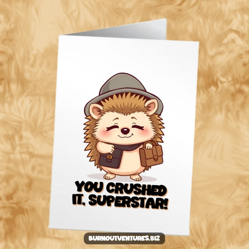 Funny Free Printable Congratulations Card: Tired hedgehog with briefcase, a humorous DIY congratulations.