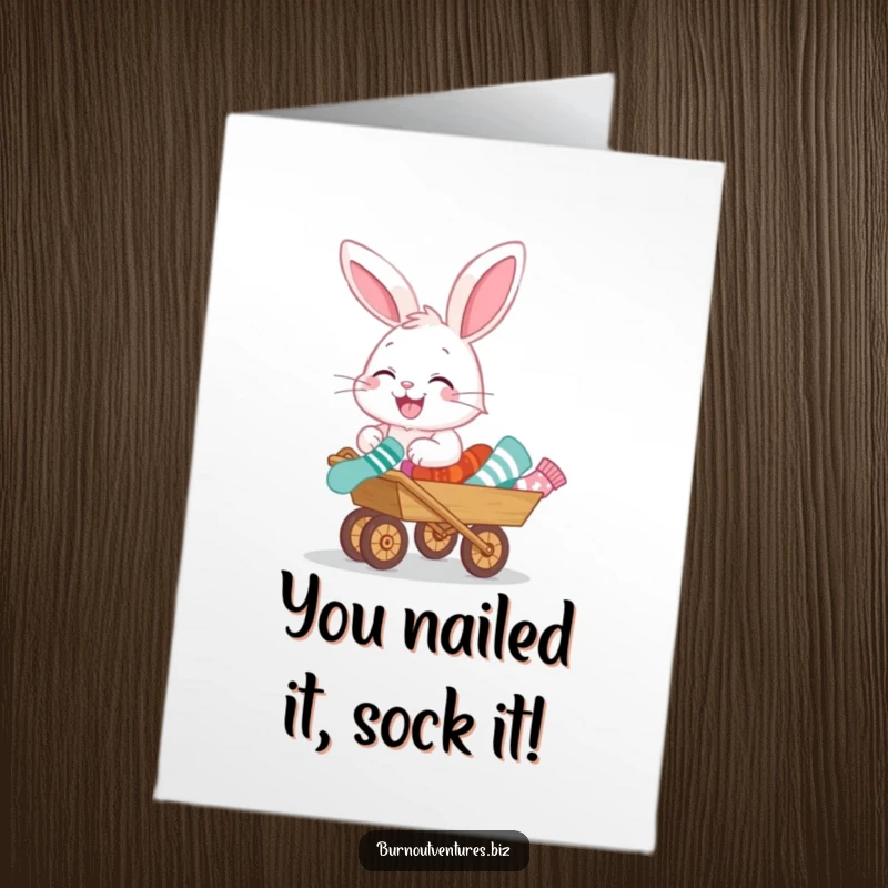 Funny Free Printable Congratulations Card: Giggling bunny with wheelbarrow of socks, a whimsical way to celebrate any achievement.