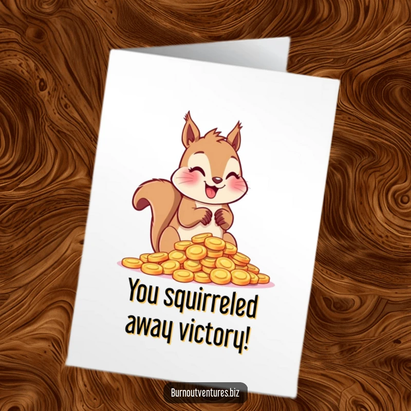 Funny Free Printable Congrats Card: Joyful squirrel enthusiastically counting a massive stack of shiny tokens, celebrating wins.