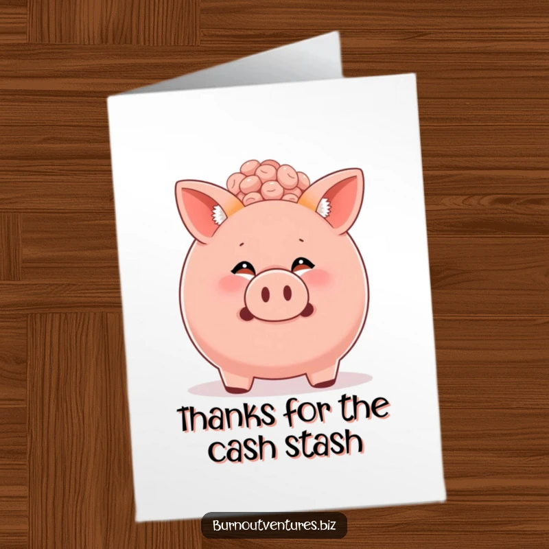 Funny Free Printable Thank You Card: Amusing fox cub emerges from a bursting piggy bank, expressing heartfelt thanks.