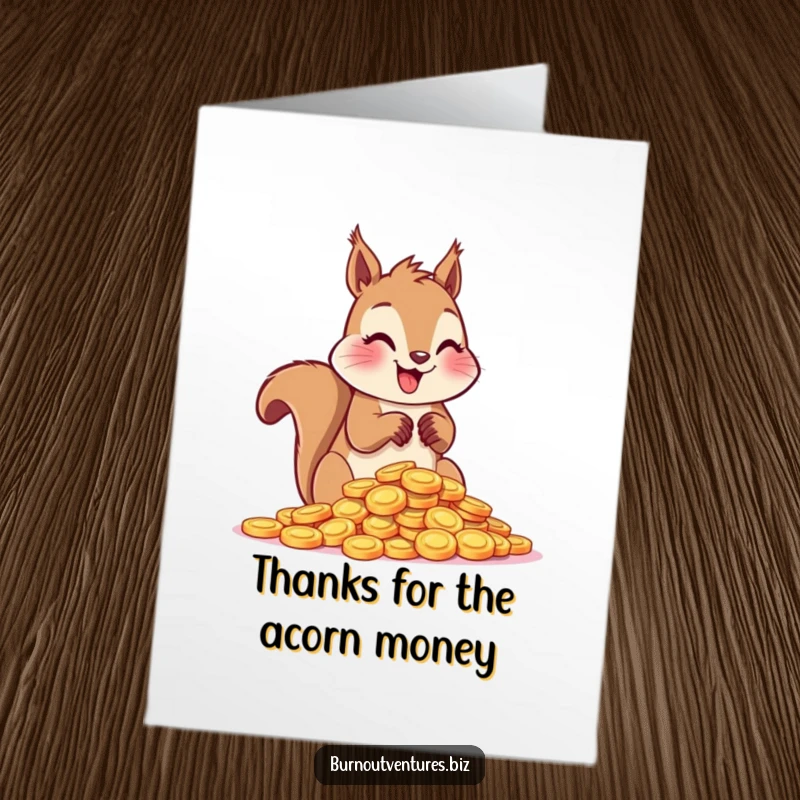 Funny Free Printable Thank You Card: Cheerful squirrel happily counting a large pile of shiny tokens, symbolizing gratitude.