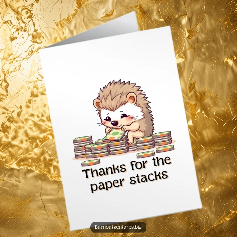 Funny Free Printable Thank You Card: Dedicated hedgehog carefully stacking miniature bills, showing appreciation for kindness.