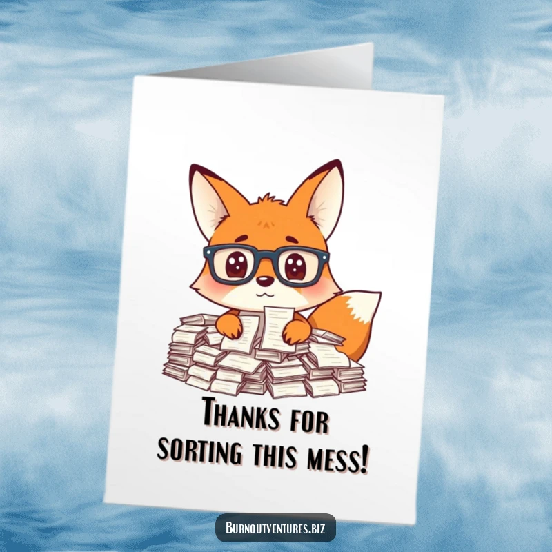 Funny Free Printable Thank You Card: A curious fox wearing glasses looks stressed, surrounded by an enormous mountain of receipts.