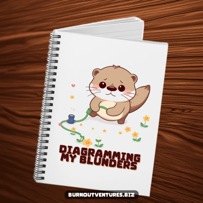 Funny notebook with a worried otter tripping over a tiny garden hose, scattering small flowers, perfect for jotting down funny thoughts.