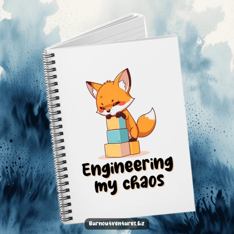 Funny notebook with a focused fox balancing tiny building blocks, perfect for jotting down plans and inspired ideas.