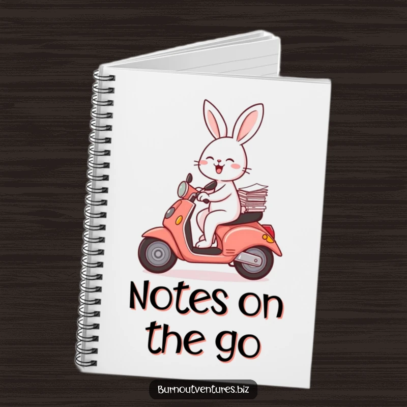 Funny rabbit on a scooter balancing papers, on a notebook, ideal for a funny gift and note-taking.