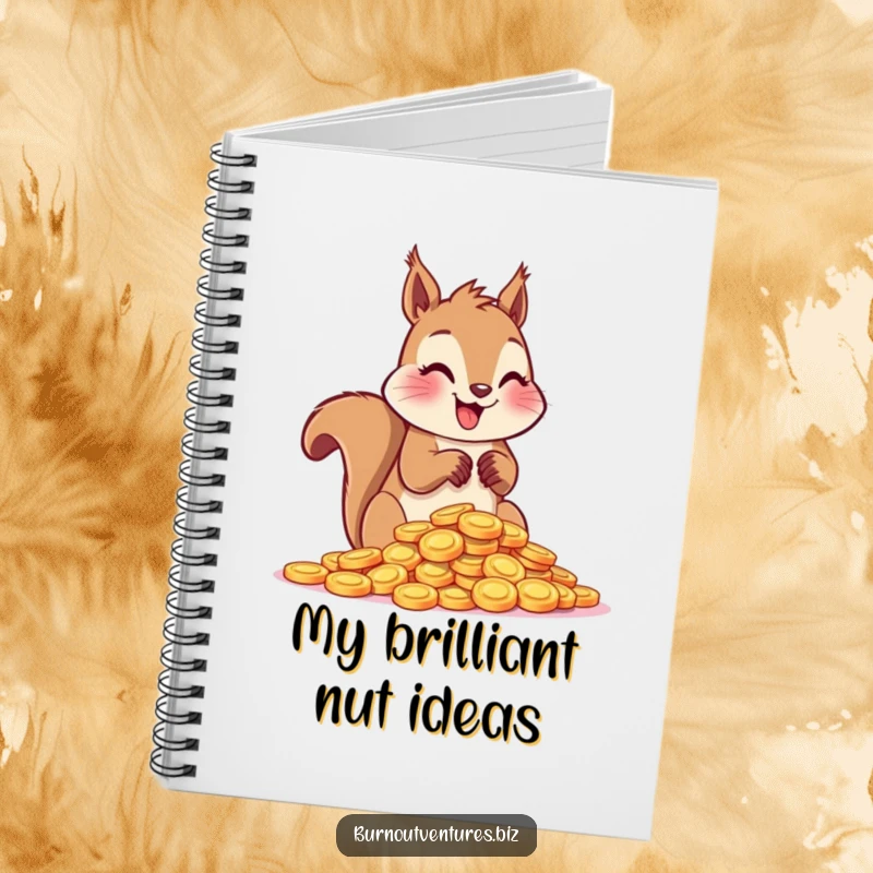Funny squirrel enthusiastically counting shiny tokens on a notebook cover, symbolizing organized collecting.