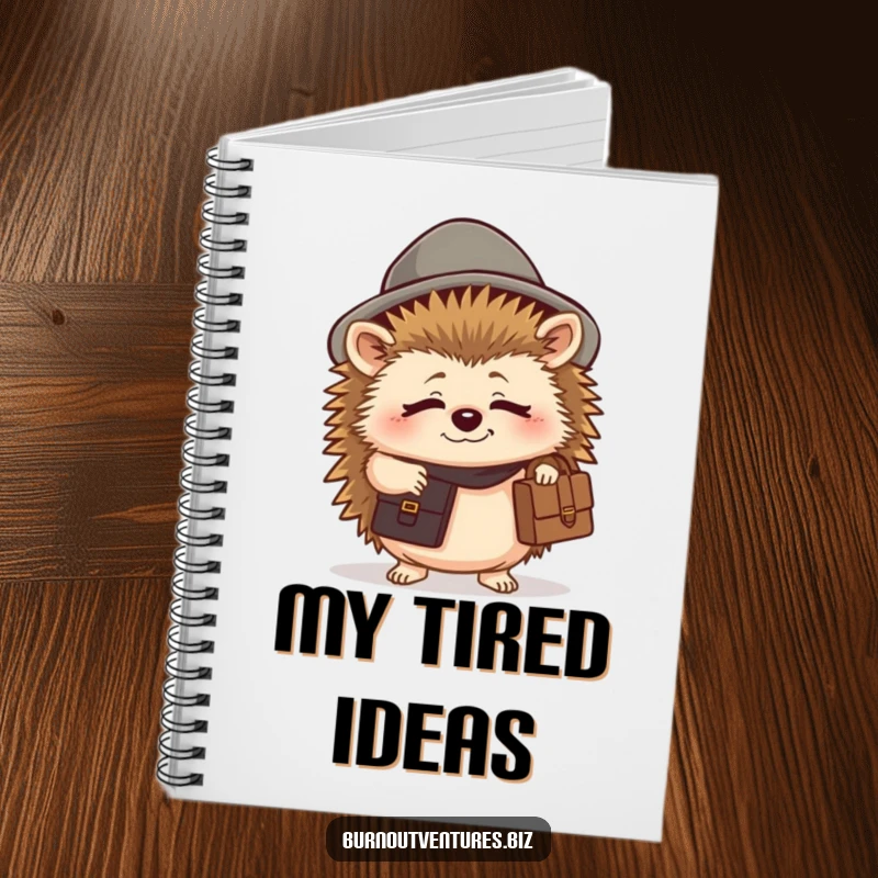 Funny hedgehog notebook showing a tired creature in a tiny hat holding a briefcase, ideal for notes.