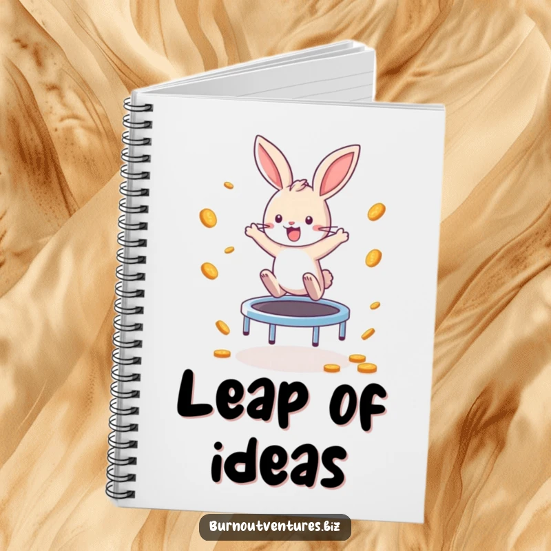 Funny Bunny Notebook: A playful bunny enthusiastically bounces on a tiny trampoline, scattering coins, perfect for organizing goals with humorous energy.