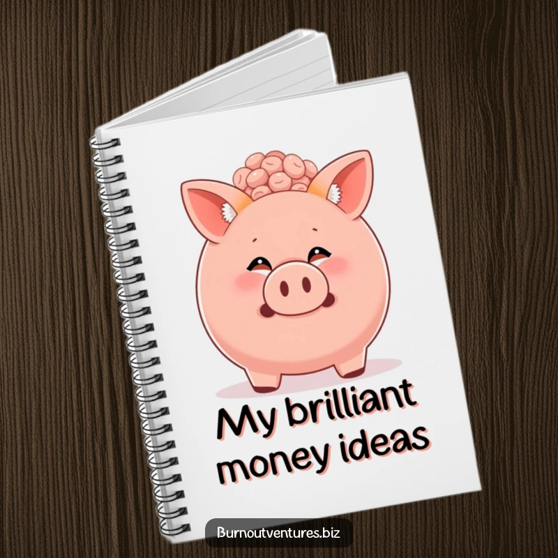 Funny fox cub peeking from a piggy bank on a notebook cover, symbolizing financial planning and humorous note-taking.