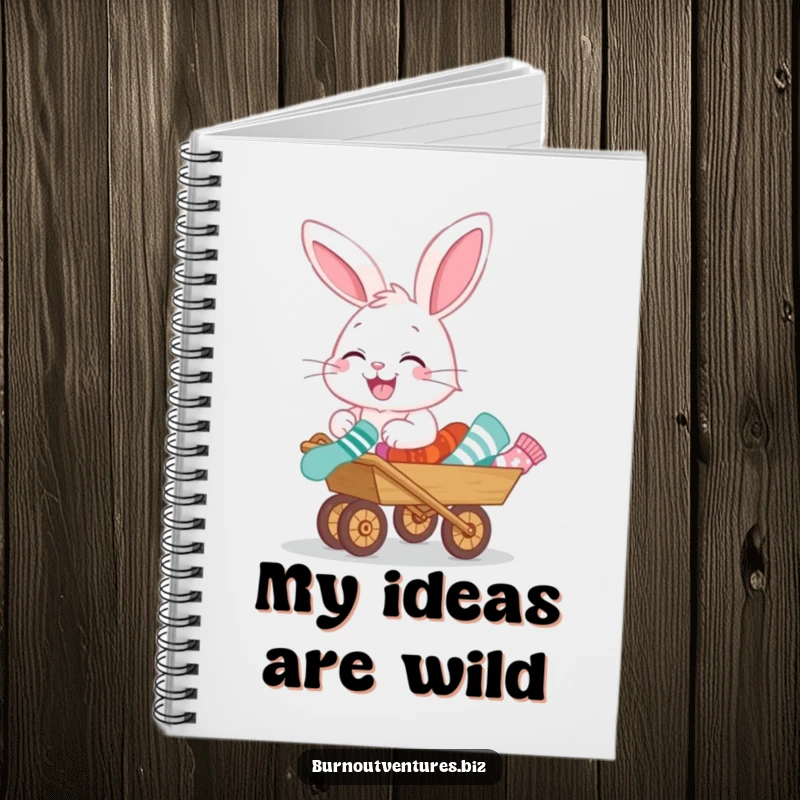 Funny notebook with a happy bunny pushing a miniature wheelbarrow full of mismatched socks, perfect for jotting down funny ideas.