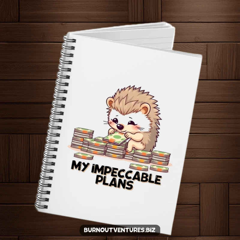 Funny determined hedgehog meticulously stacking miniature bills on a notebook cover, symbolizing organized financial planning.