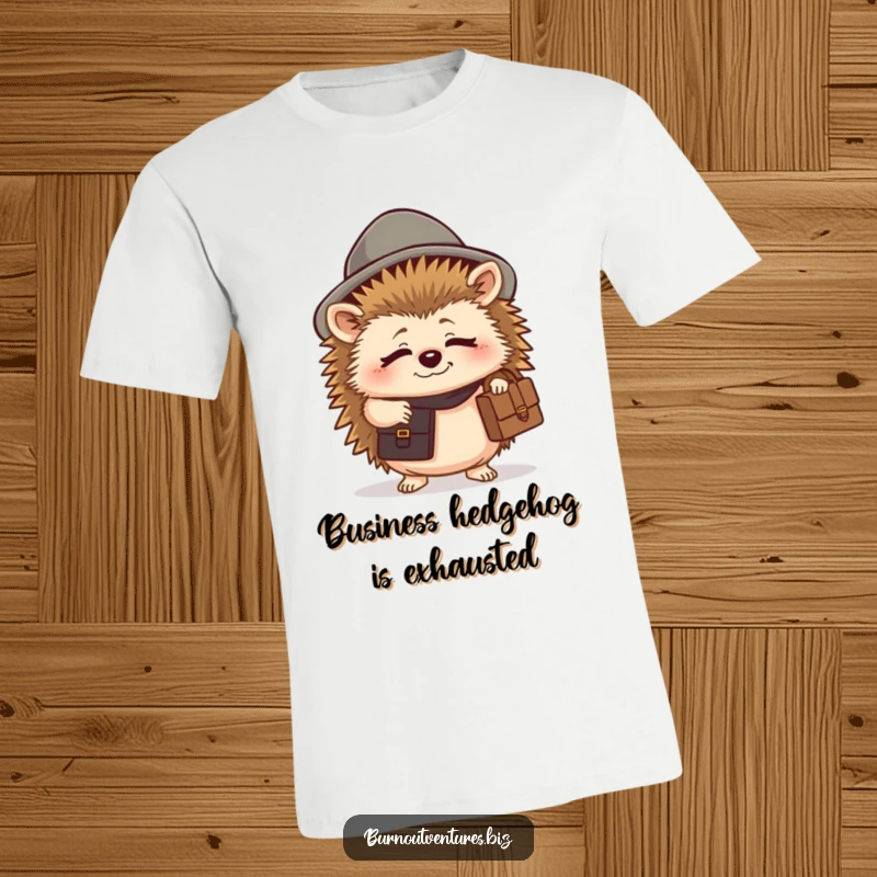 Funny hedgehog t-shirt depicting a small creature in a tiny hat, holding a briefcase and looking tired, ideal for a funny gift.