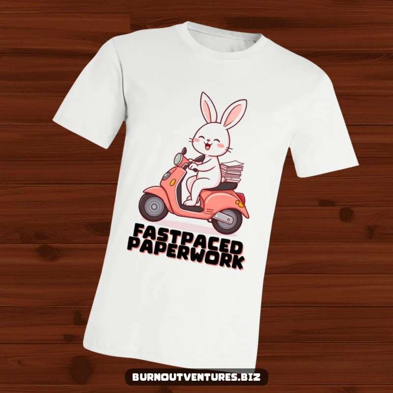 Funny rabbit riding a scooter with a stack of papers, on a t-shirt, perfect for a funny gift.