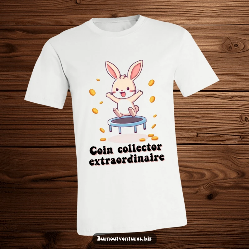Funny Bunny T-Shirt: A playful bunny bounces enthusiastically on a tiny trampoline, scattering coins with infectious energy, a fun take on earning.