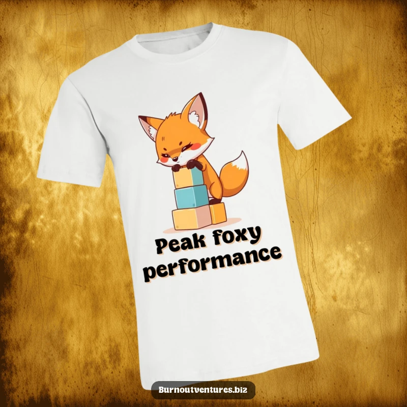 Funny T-shirt with a focused fox carefully balancing a tiny tower of building blocks, a charmingly precarious situation.