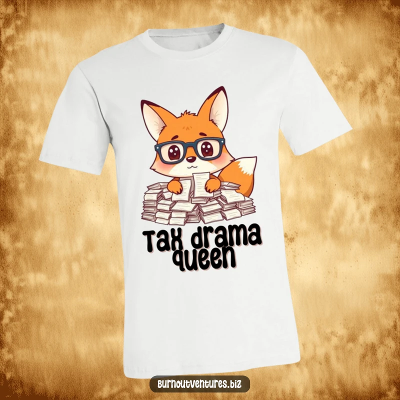 Funny curious fox with glasses, buried under a mountain of receipts, printed on a t-shirt, great funny gift.