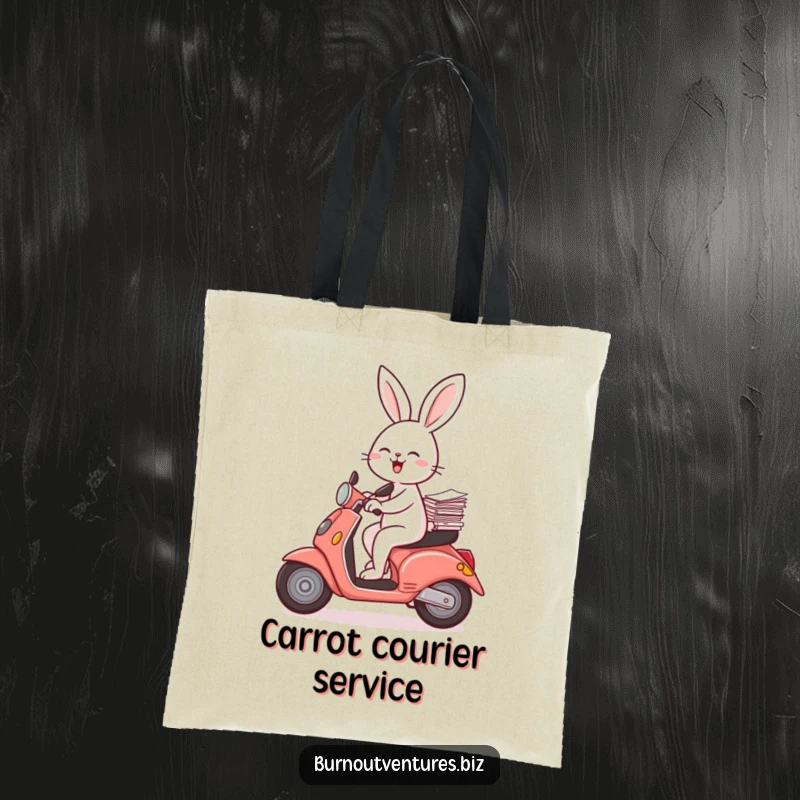 Funny rabbit riding a scooter with papers, on a durable tote bag, excellent funny gift accessory.