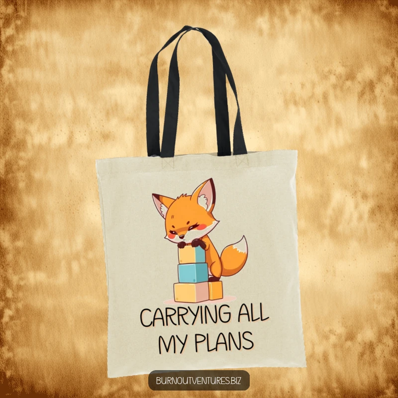 Funny tote bag featuring a determined fox balancing miniature building blocks, a charming illustration of focus and ambition.