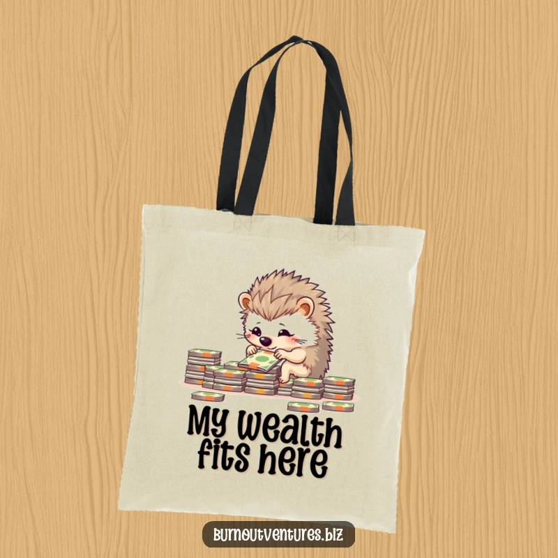 Funny determined hedgehog carefully stacking miniature bills on a tote bag, showcasing organized financial planning.