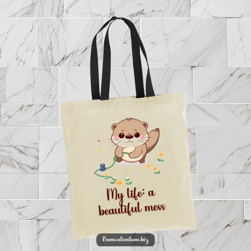 Funny tote bag displaying a flustered otter tripping over a mini garden hose, scattering small blossoms, a delightful clumsy moment.