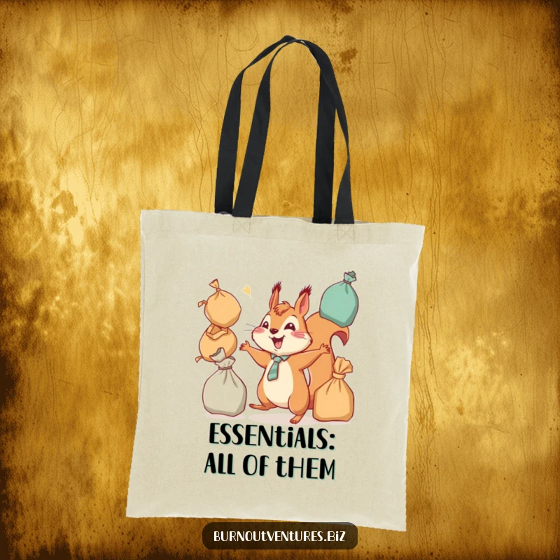 Funny squirrel with a tie, juggling numerous overflowing bags, printed on a durable tote bag, a great funny gift accessory.